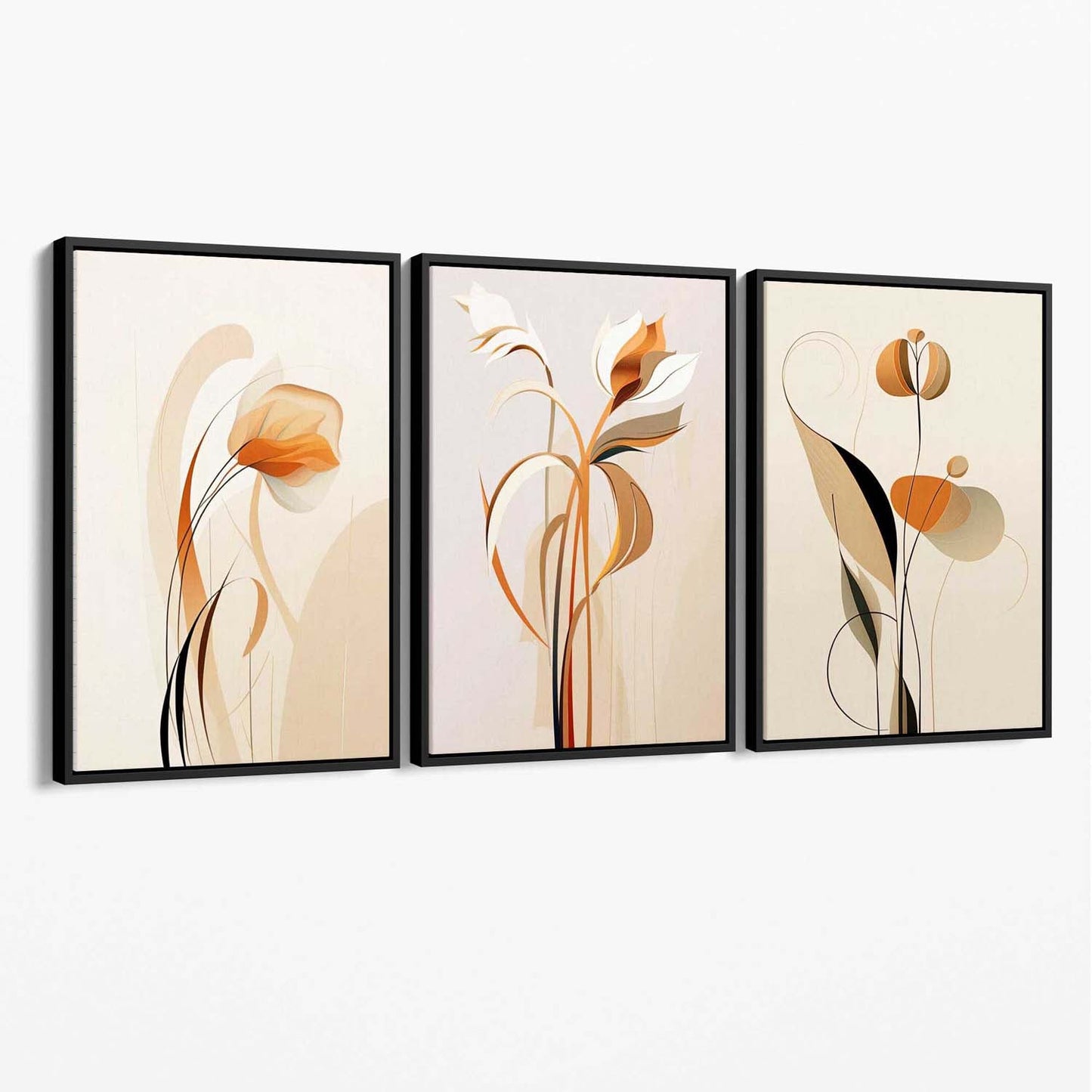 Art-Deco-Leinwanddrucke, beige-orange mit Blumenmuster, 3er-Set