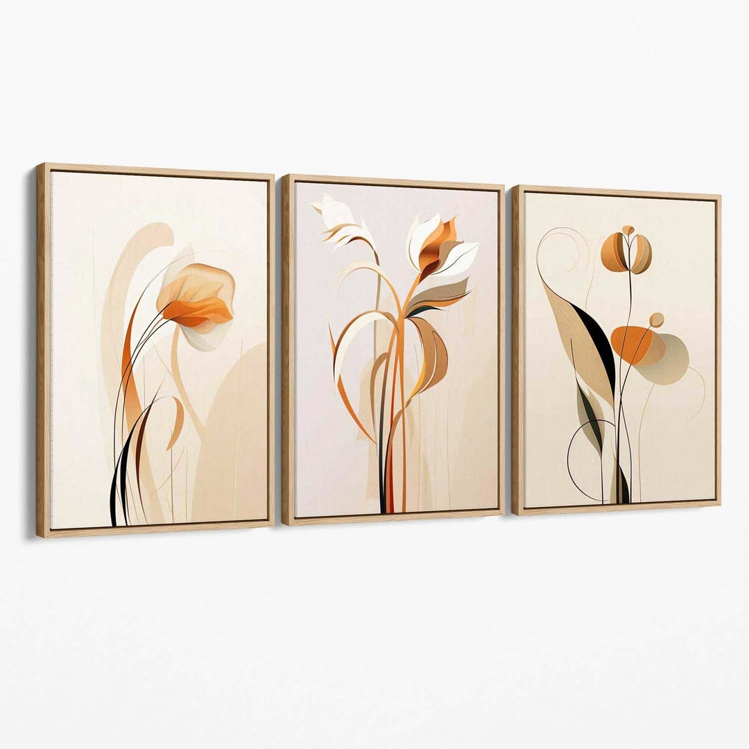 Art-Deco-Leinwanddrucke, beige-orange mit Blumenmuster, 3er-Set