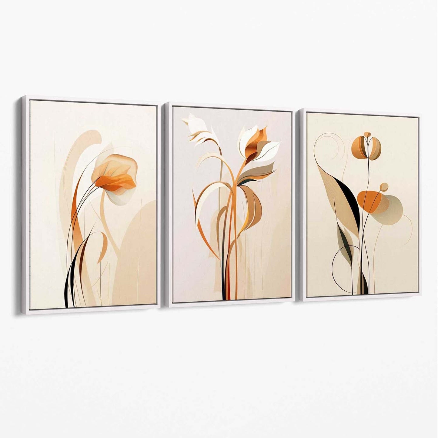 Art-Deco-Leinwanddrucke, beige-orange mit Blumenmuster, 3er-Set