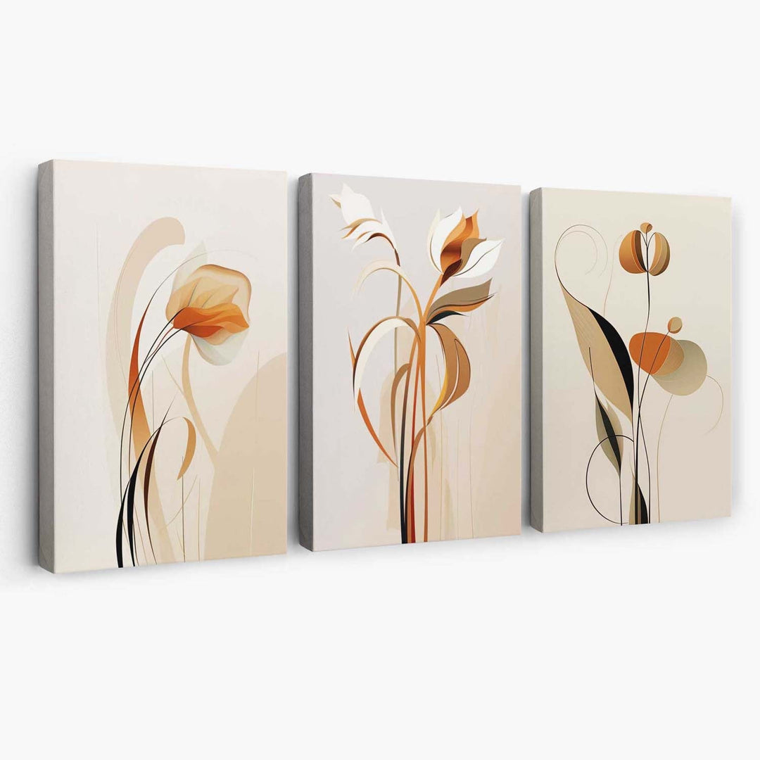 Art-Deco-Leinwanddrucke, beige-orange mit Blumenmuster, 3er-Set