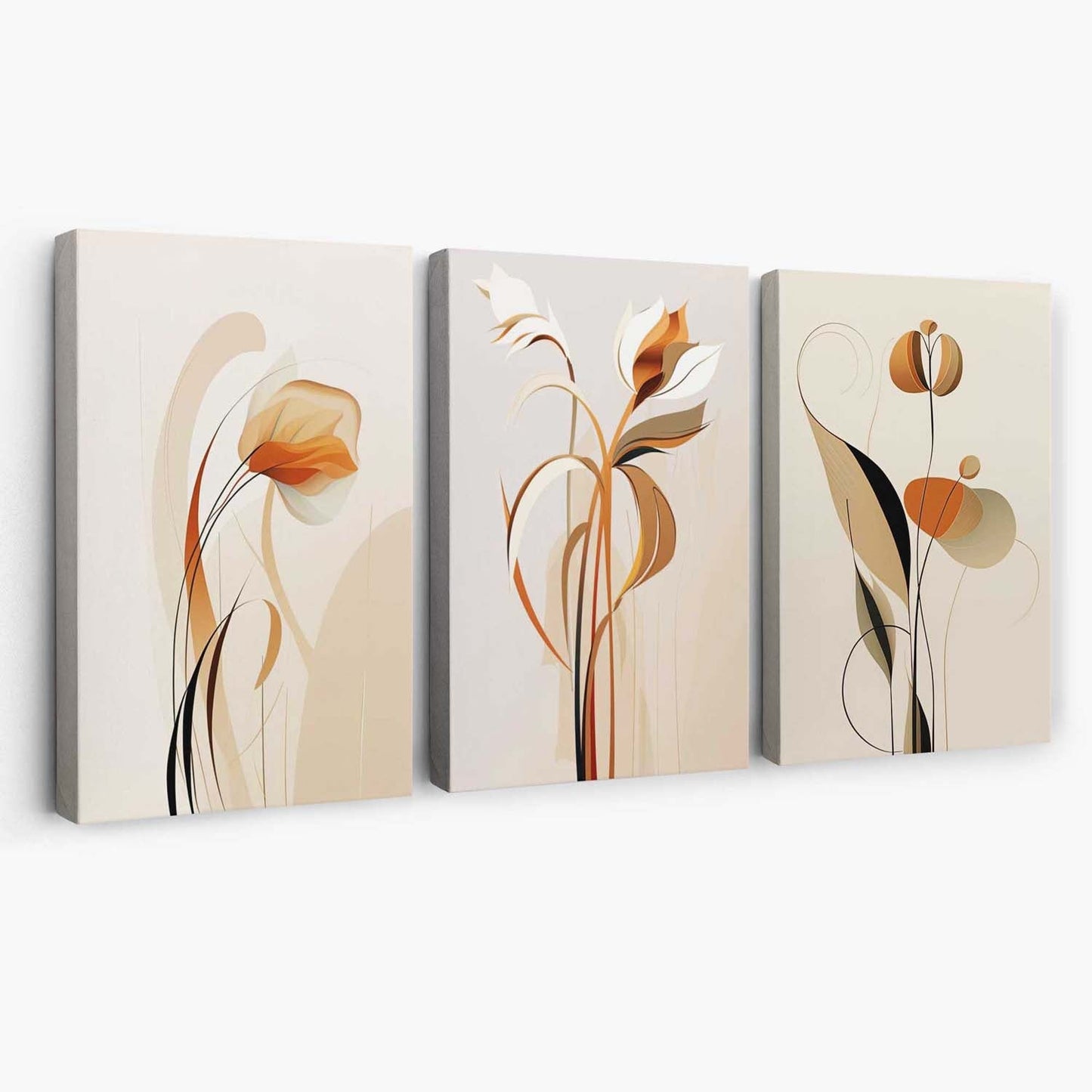 Art-Deco-Leinwanddrucke, beige-orange mit Blumenmuster, 3er-Set