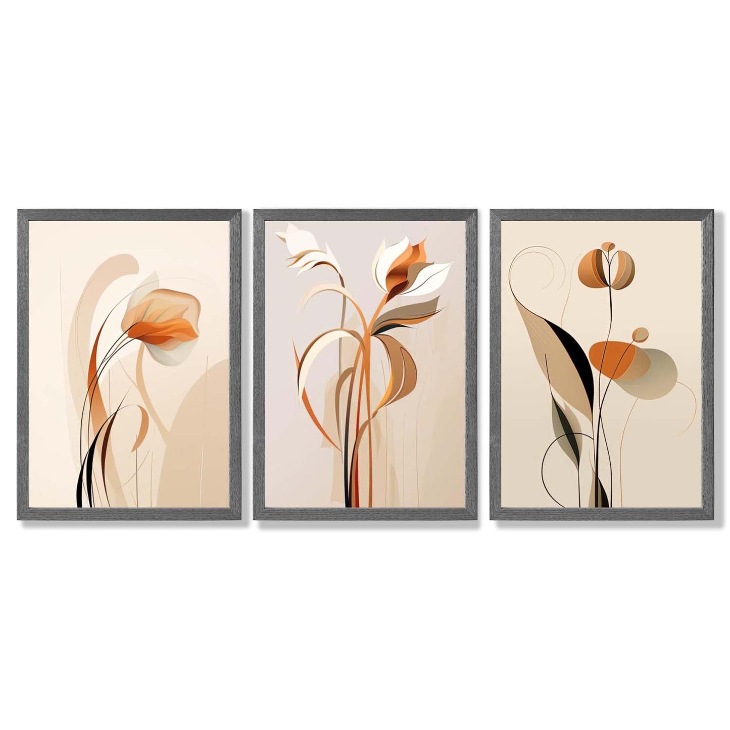 Art-Deco-Kunstdrucke, beige-orange mit Blumenmuster, 3-teiliges gerahmtes Kunstdruck-Set