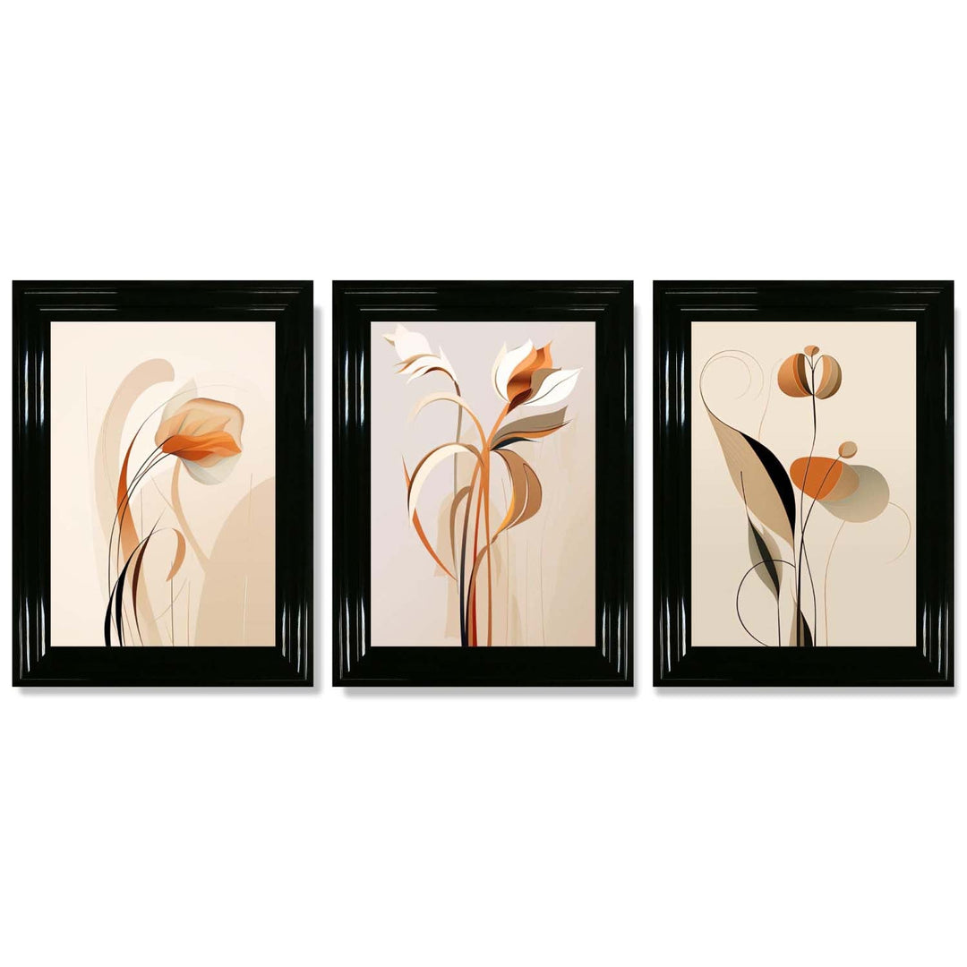 Art-Deco-Kunstdrucke, beige-orange mit Blumenmuster, 3-teiliges gerahmtes Kunstdruck-Set