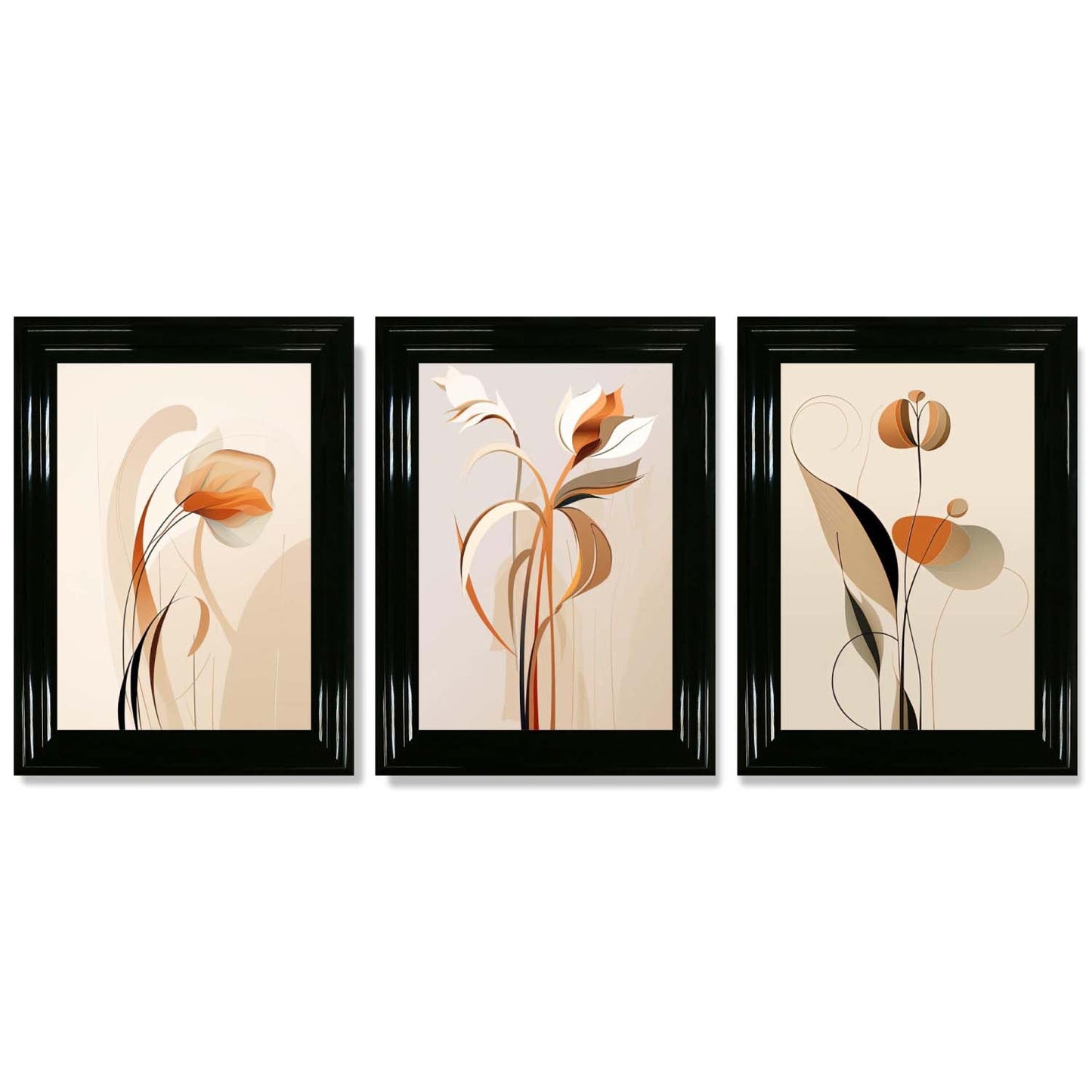 Art-Deco-Kunstdrucke, beige-orange mit Blumenmuster, 3-teiliges gerahmtes Kunstdruck-Set