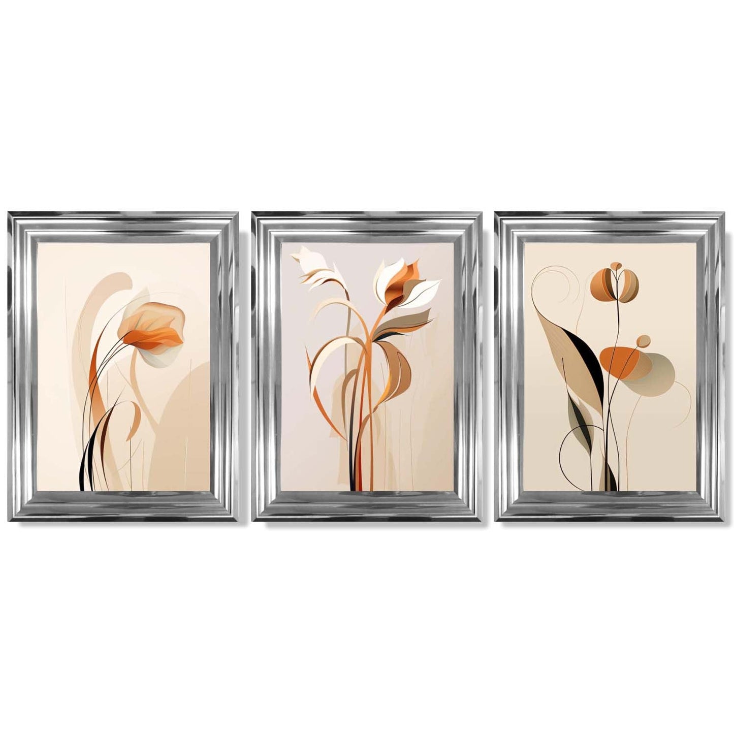 Art-Deco-Kunstdrucke, beige-orange mit Blumenmuster, 3-teiliges gerahmtes Kunstdruck-Set
