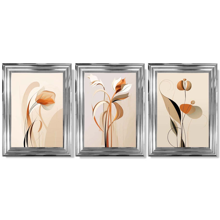 Art-Deco-Kunstdrucke, beige-orange mit Blumenmuster, 3-teiliges gerahmtes Kunstdruck-Set