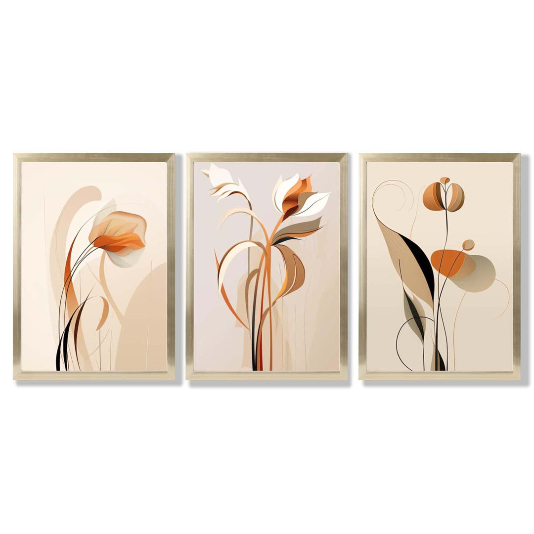Art-Deco-Kunstdrucke, beige-orange mit Blumenmuster, 3-teiliges gerahmtes Kunstdruck-Set