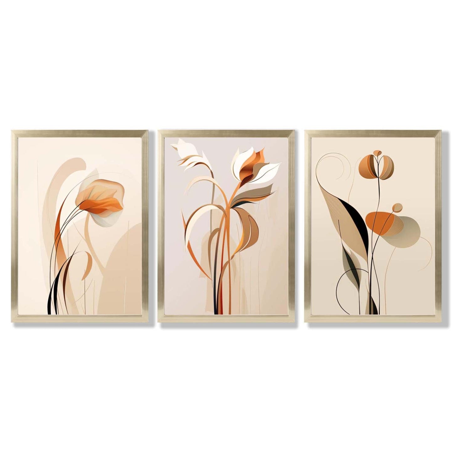 Art-Deco-Kunstdrucke, beige-orange mit Blumenmuster, 3-teiliges gerahmtes Kunstdruck-Set