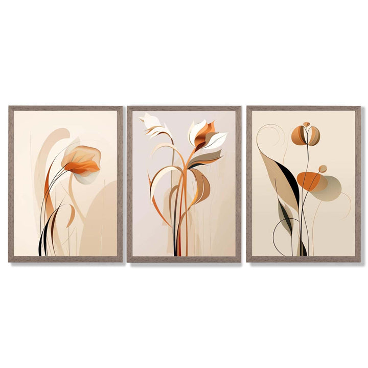 Art-Deco-Kunstdrucke, beige-orange mit Blumenmuster, 3-teiliges gerahmtes Kunstdruck-Set