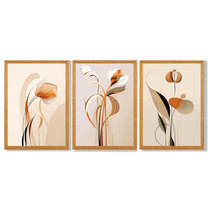 Art-Deco-Kunstdrucke, beige-orange mit Blumenmuster, 3-teiliges gerahmtes Kunstdruck-Set
