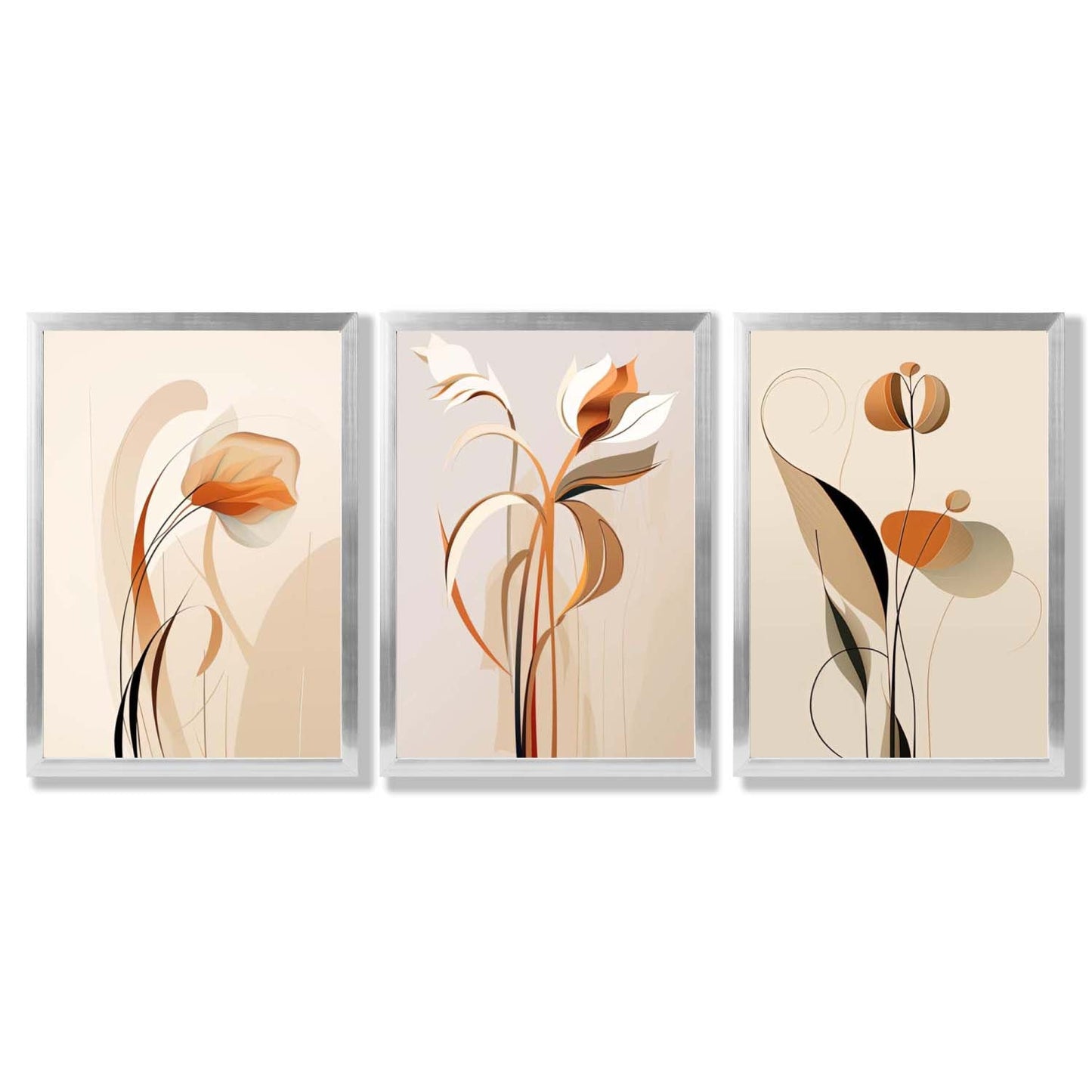 Art-Deco-Kunstdrucke, beige-orange mit Blumenmuster, 3-teiliges gerahmtes Kunstdruck-Set