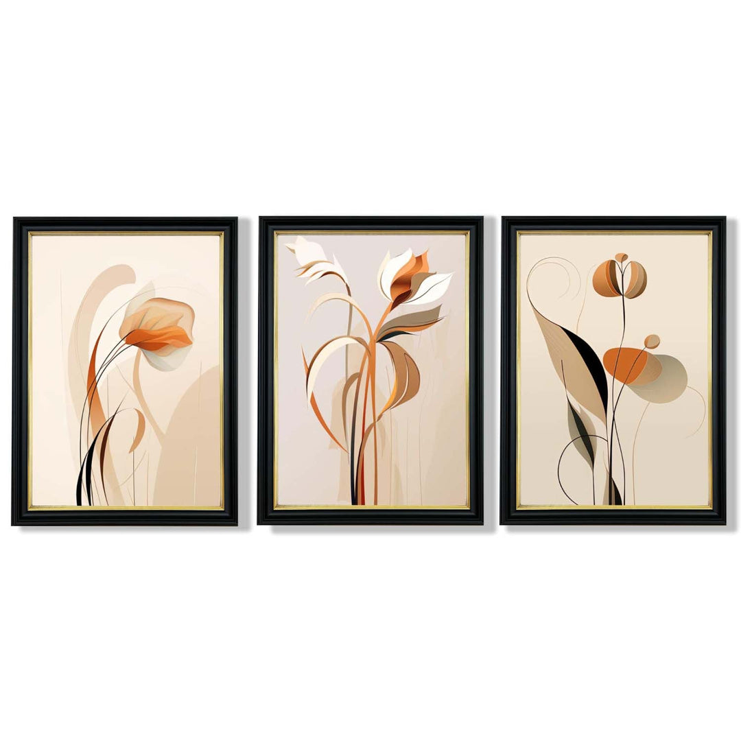 Art-Deco-Kunstdrucke, beige-orange mit Blumenmuster, 3-teiliges gerahmtes Kunstdruck-Set
