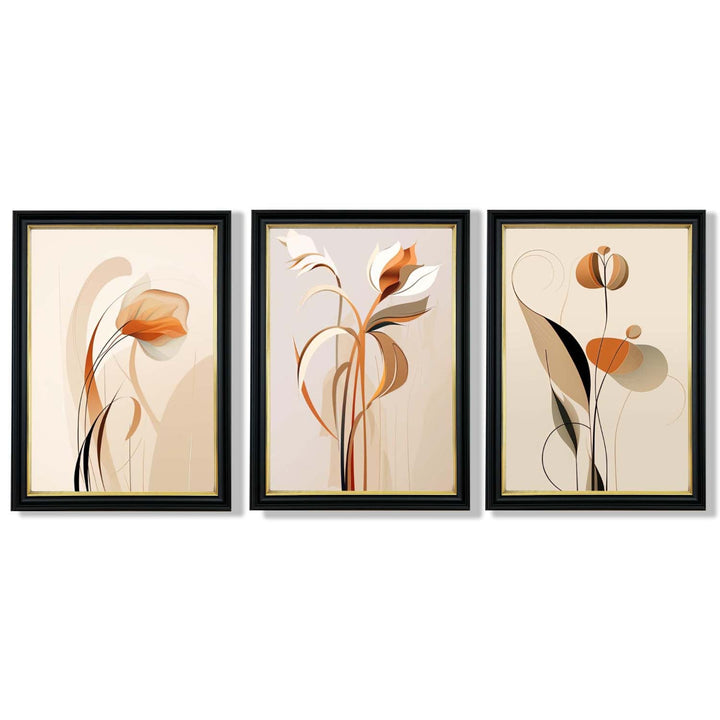 Art-Deco-Kunstdrucke, beige-orange mit Blumenmuster, 3-teiliges gerahmtes Kunstdruck-Set