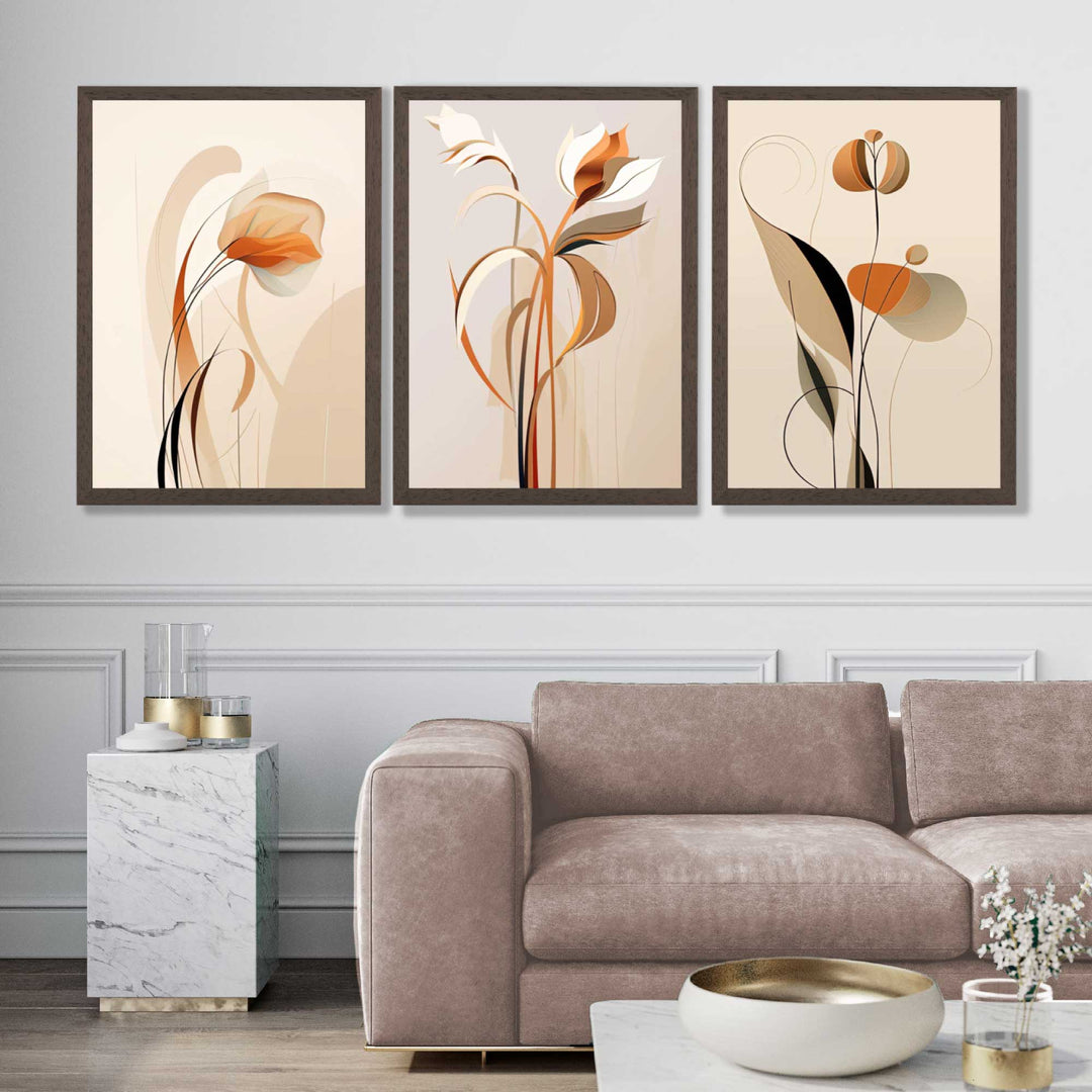 Art-Deco-Kunstdrucke, beige-orange mit Blumenmuster, 3er-Set