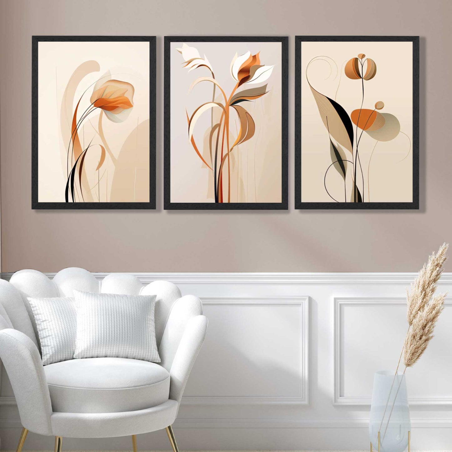 Art-Deco-Kunstdrucke, beige-orange mit Blumenmuster, 3-teiliges gerahmtes Kunstdruck-Set