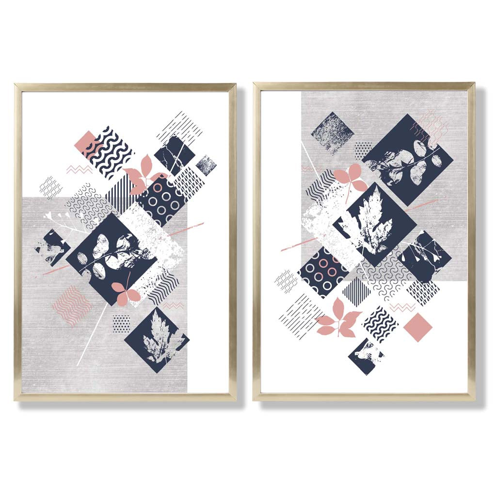 Set aus 2 Kunstdrucken mit Blumenrahmen in Blau, Rosa und Grau (Mischtechnik)