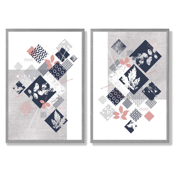 Set aus 2 Kunstdrucken mit Blumenrahmen in Blau, Rosa und Grau (Mischtechnik)