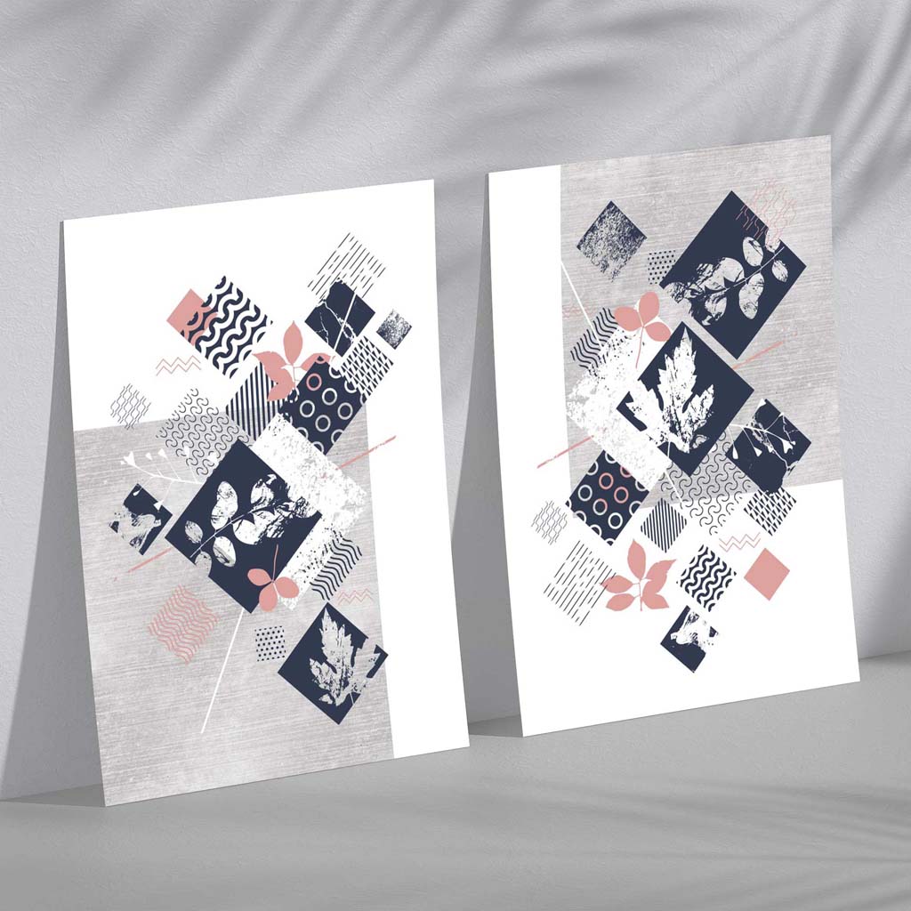2-teiliges Set Kunstdrucke mit floralem Mixed-Media-Muster in Blau, Rosa und Grau