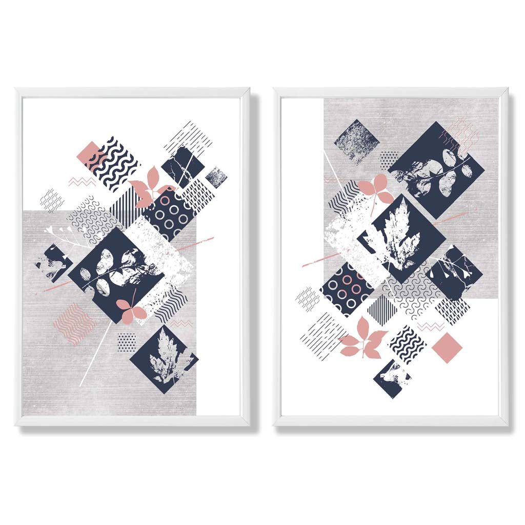 Set aus 2 Kunstdrucken mit Blumenrahmen in Blau, Rosa und Grau (Mischtechnik)