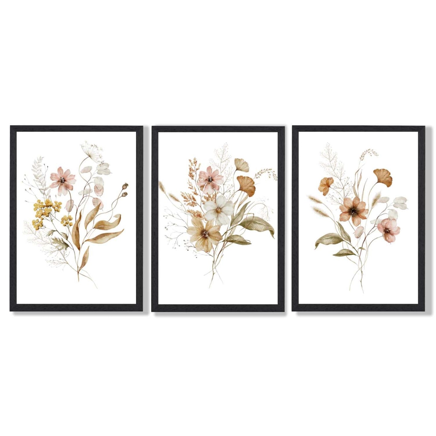 Herbstliche Wildblumensträuße – 3 gerahmte Kunstdrucke
