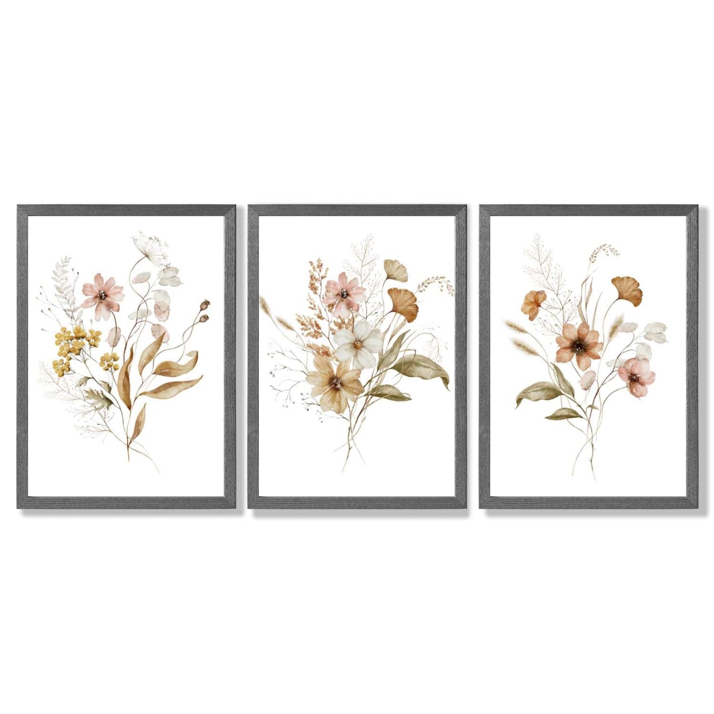 Herbstliche Wildblumensträuße – 3 gerahmte Kunstdrucke