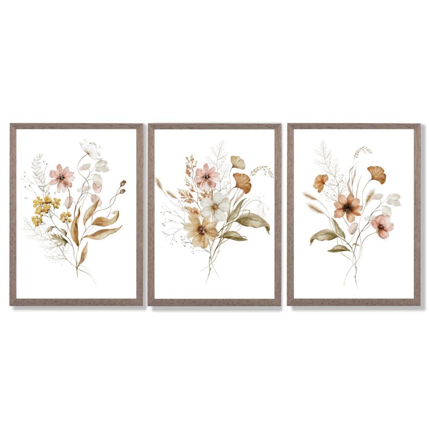 Herbstliche Wildblumensträuße – 3 gerahmte Kunstdrucke