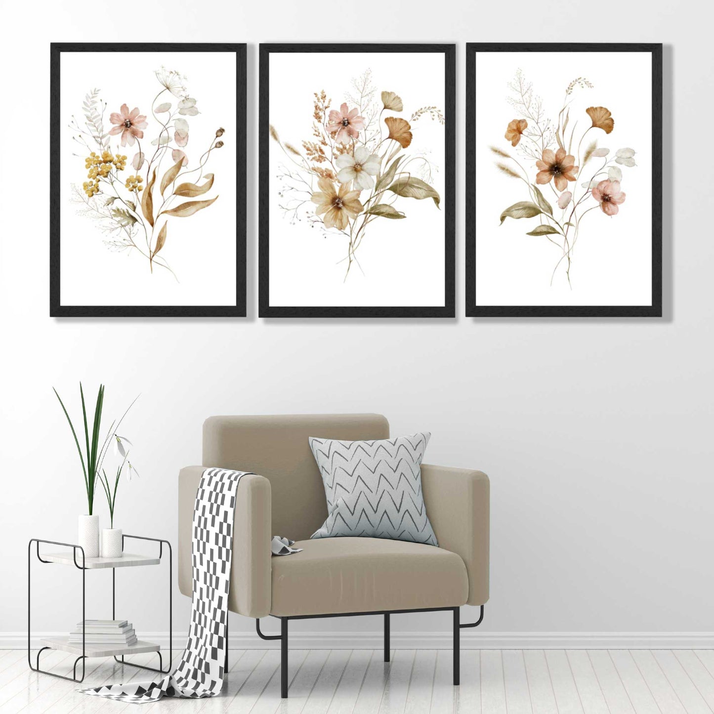Herbstliche Wildblumensträuße – 3 gerahmte Kunstdrucke