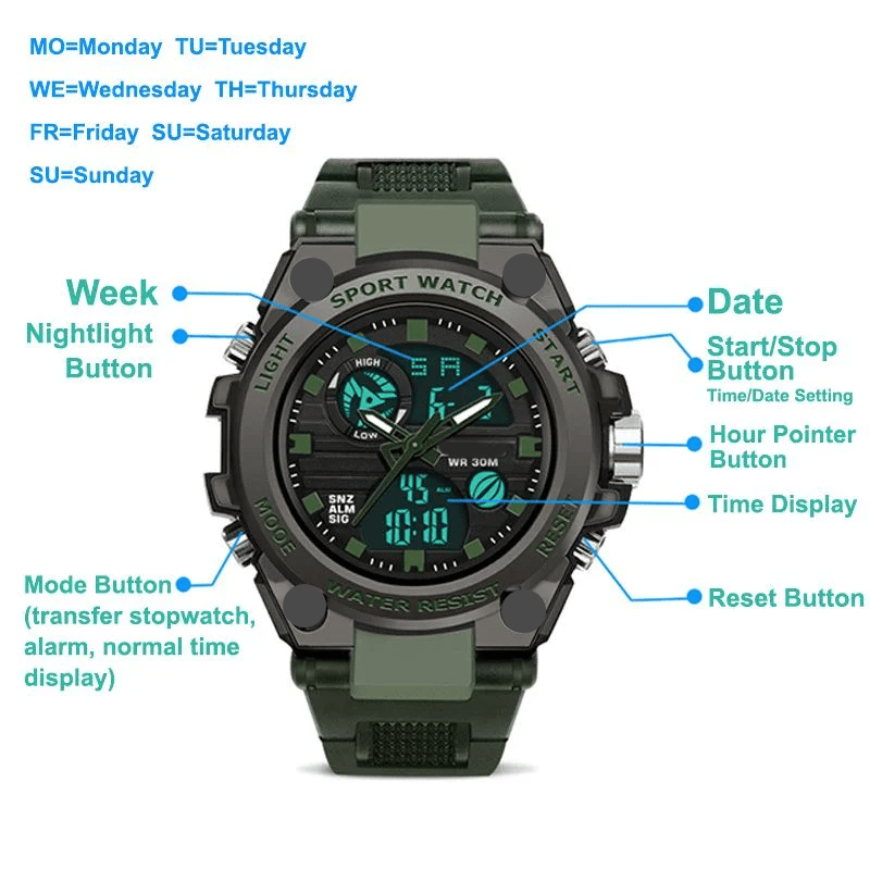 Sportliche Herrenarmbanduhr mit Dual-Display-Modus, multifunktional, wasserdicht und leuchtend