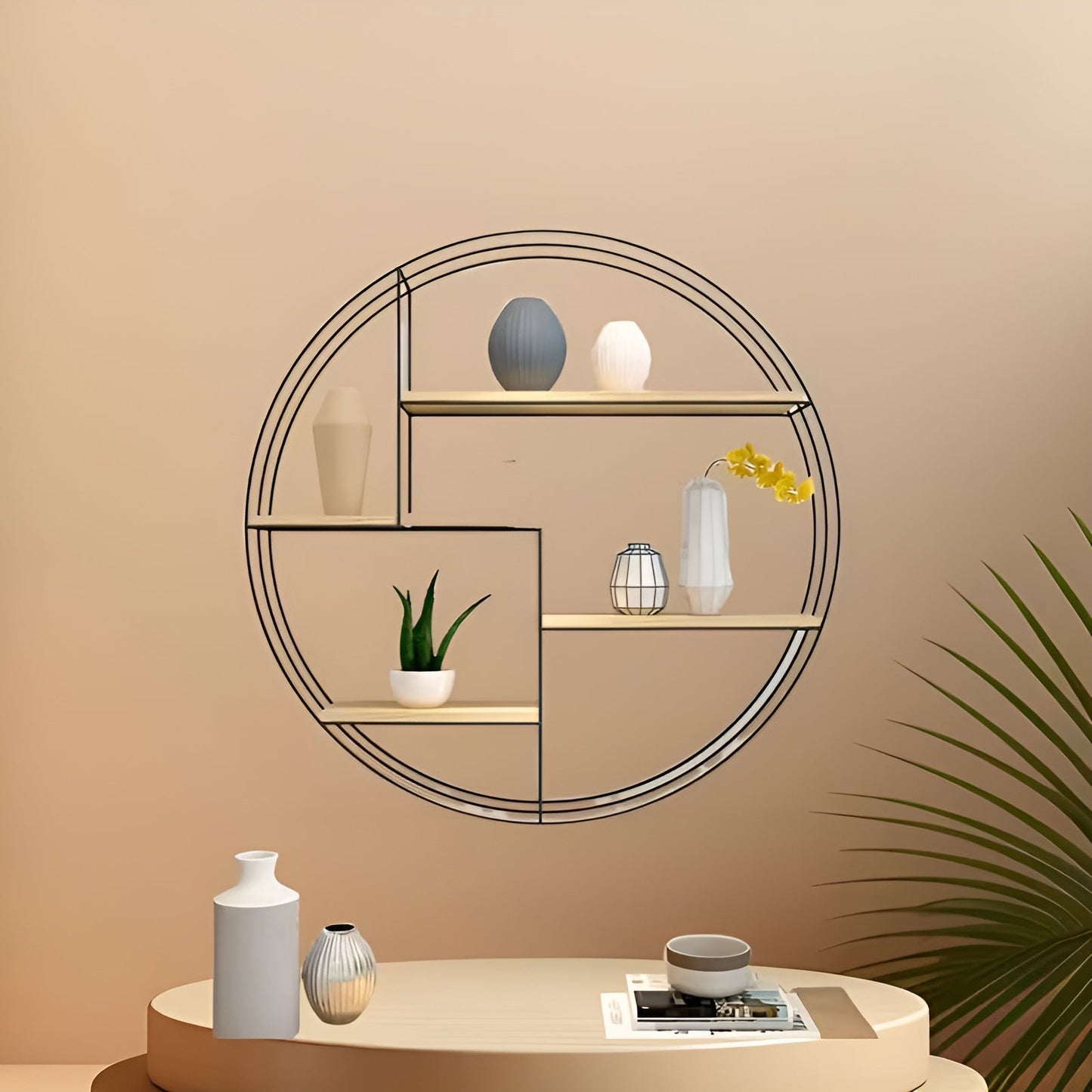 Rundes Wandregal mit 4 Ebenen – Retro-Design aus Holz und Metall | Dekoratives Hängeregal für Wohnzimmer, Badezimmer und Schlafzimmer