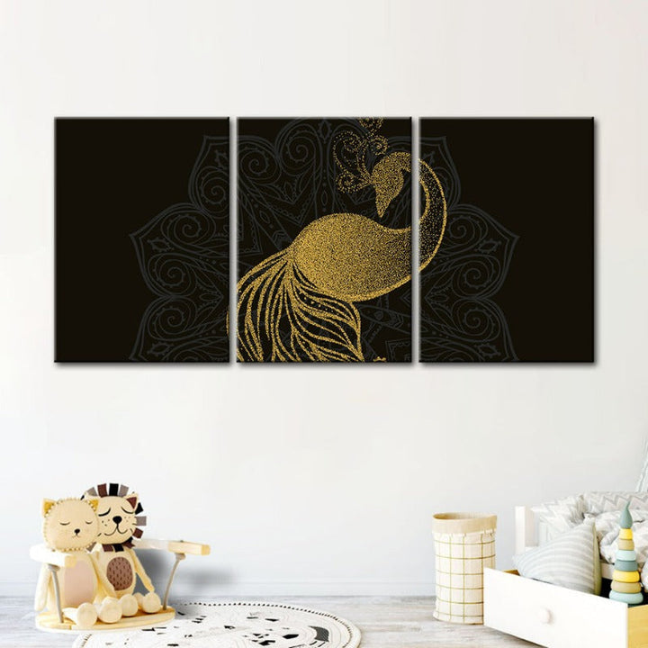 Abstraktes Goldenes Mandala Pfau - Leinwand Wandkunst Gemälde 3 Teile