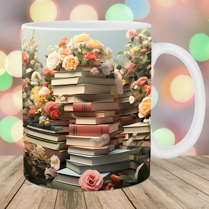 3D Künstlerisch Schöne Florale Bücher Kaffeetasse - Buchliebhaber Geschenk | Karnz