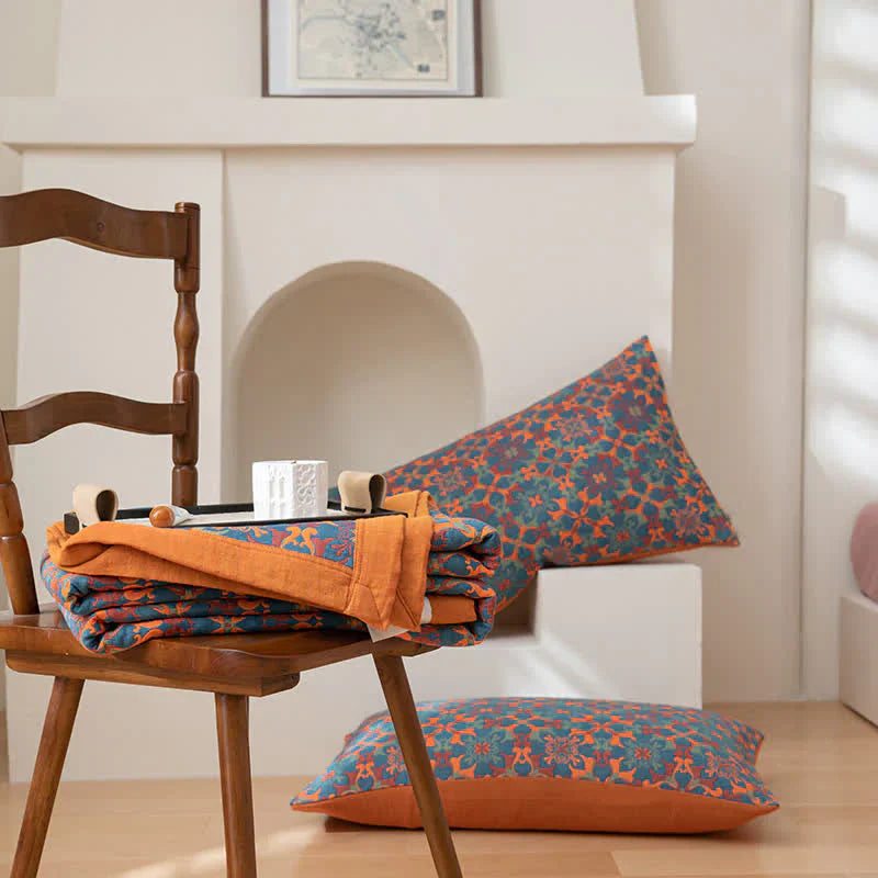 Karnz | Orange & Blau Muster Sechs-Layer Baumwolle Decke - TerraLoom