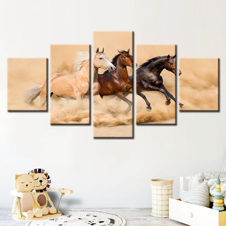 5 Stück Drei laufende Pferde in der Wüste - Leinwand Wandkunst Gemälde