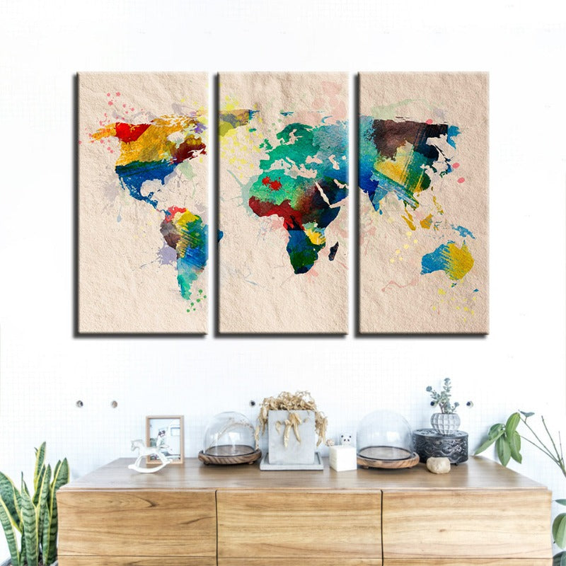 Schöne abstrakte Regenbogenfarbene Weltkarte - Leinwand Wandkunst Gemälde 3 Teile