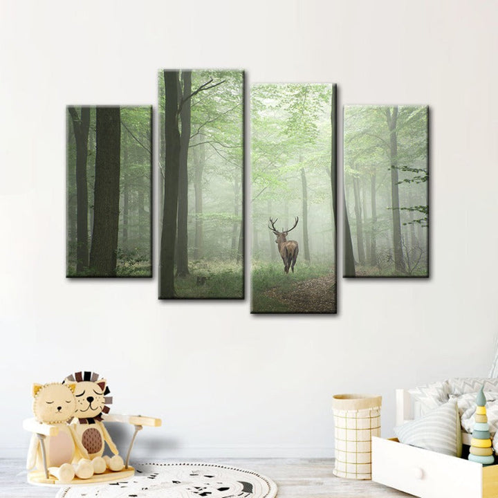 4 Stück Neblige Mystische Rehe im Wald - Leinwand Wandkunst Gemälde