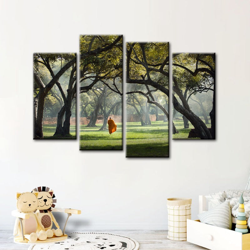 4 Stück Friedlicher Mönch Gehen - Canvas Wandkunst Gemälde