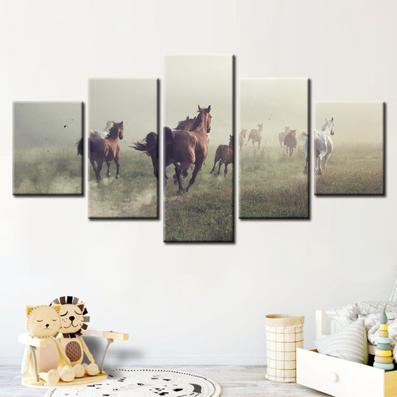 5 Stück Laufender Schwarzer Hengst - Leinwand Wandkunst Malerei