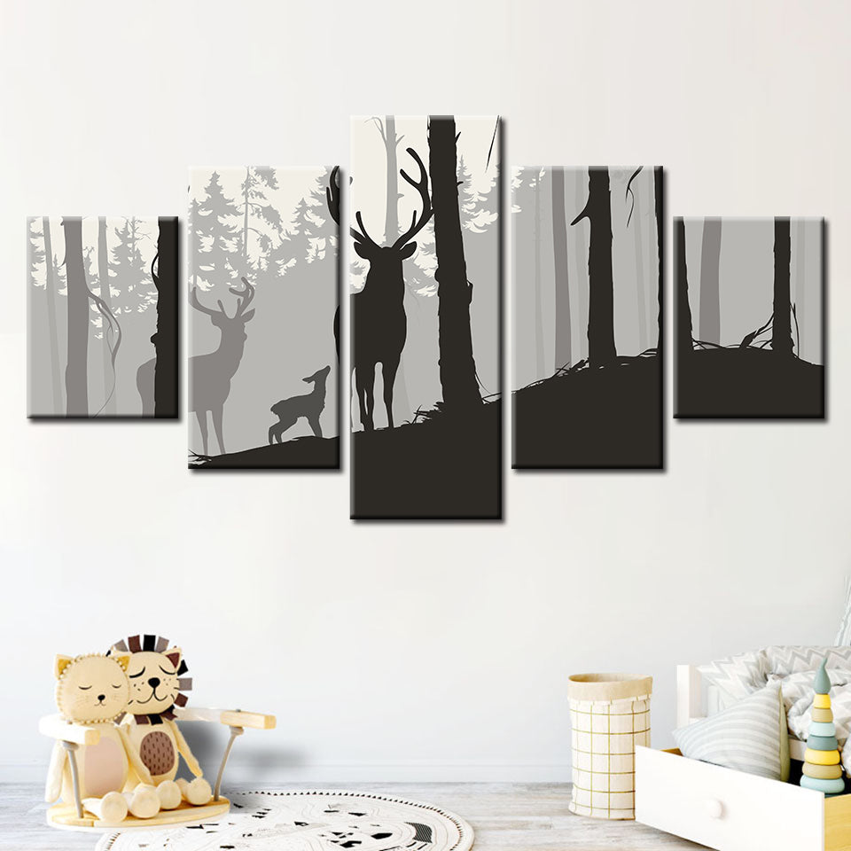 Silhouette einer Hirschfamilie, 5-teilig - Leinwandbild