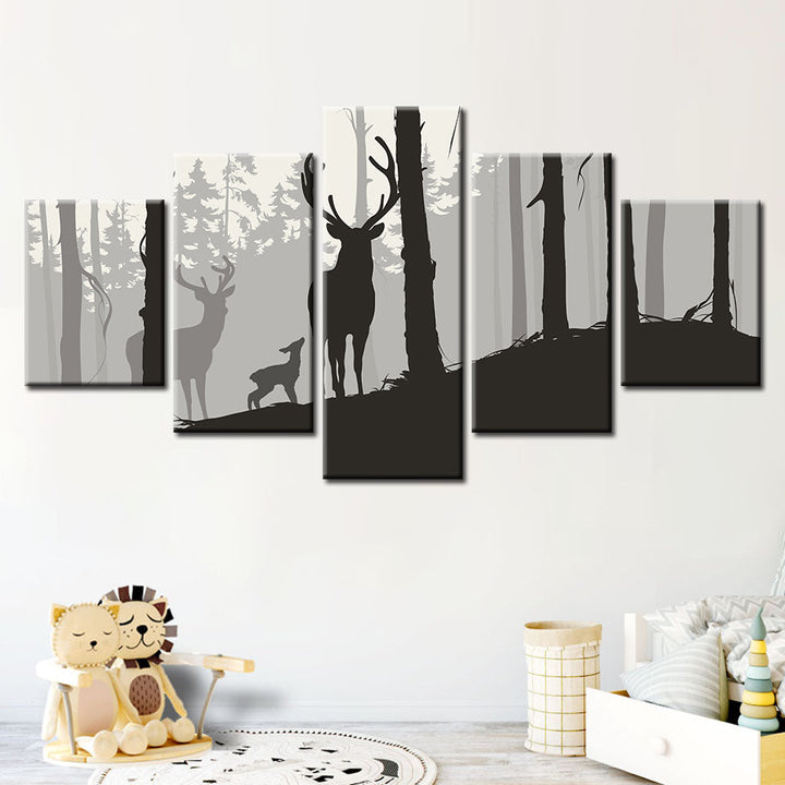 Silhouette einer Hirschfamilie, 5-teilig - Leinwandbild