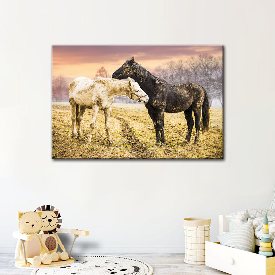 Schwarze & Weiße Pferde - Leinwand Wandkunst Gemälde