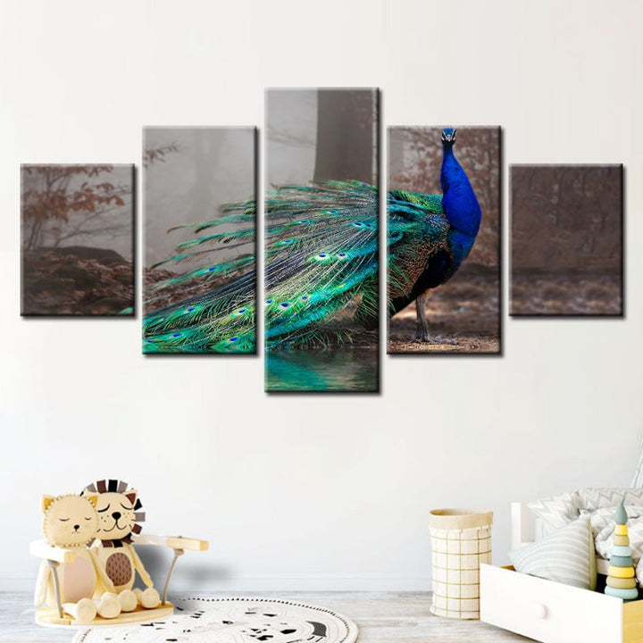5 Stück Lebhafte Pfau am Teich - Leinwand Wandkunst Gemälde