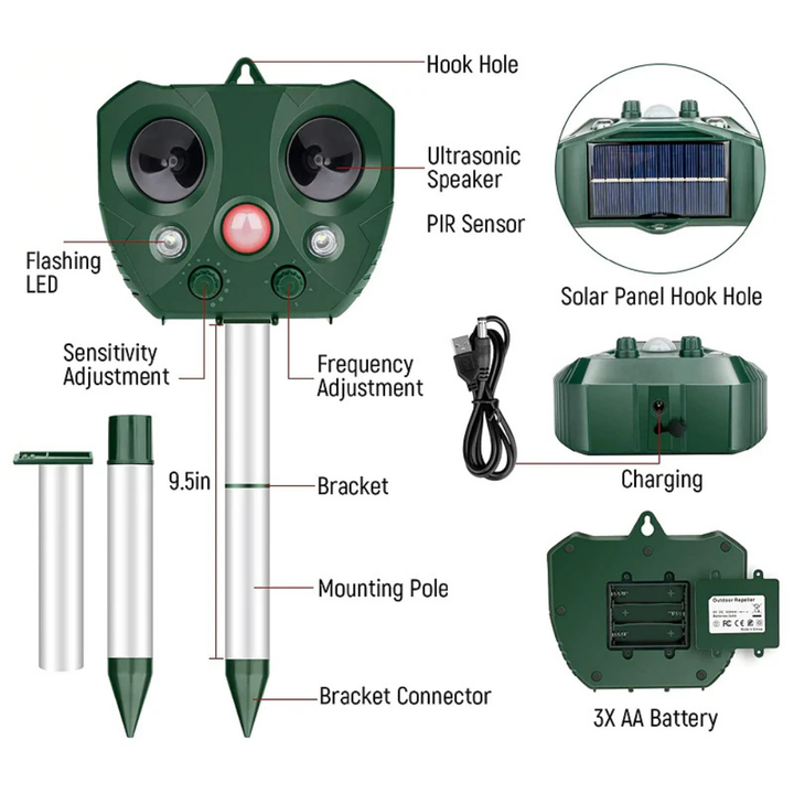 Solar-Ultraschall-Vogelabwehrgerät, wasserdicht, für den Außenbereich