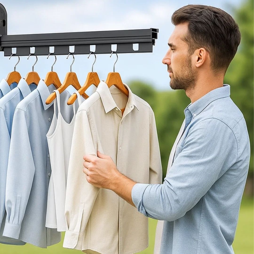 SpaceEase | Klappbarer Kleiderbügel – Ausziehbares Wandregal – Edelstahl – Ideal für kleine Räume Karnz