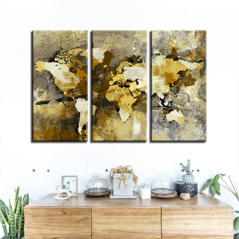 Schönes abstraktes gelb-braunes Weltkarte-Canvas-Wandkunst Gemälde 3 Stücke