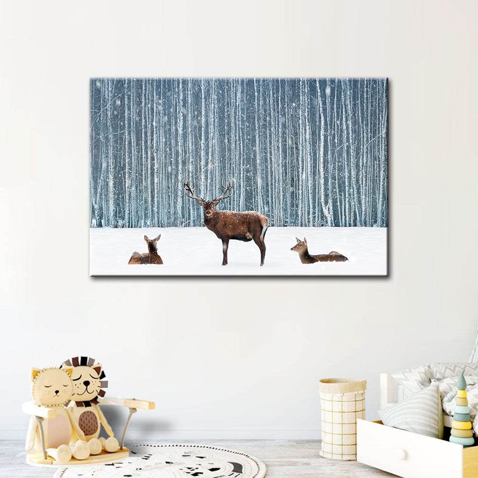 Zwei Rehe und ein Hirsch im Winter - Leinwandbild