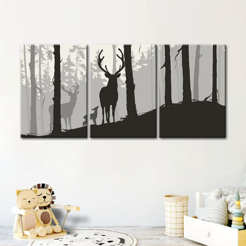 Silhouette einer Hirschfamilie – Leinwandbild, 3-teilig