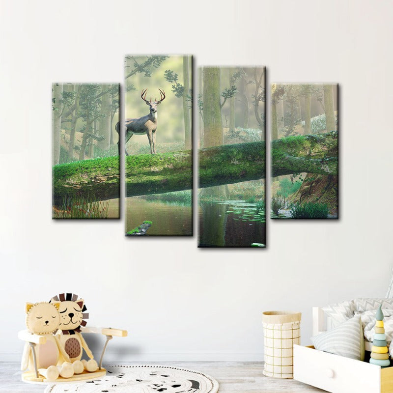 4-teiliges Verzaubertes Wald Reh - Leinwand Wandkunst Gemälde