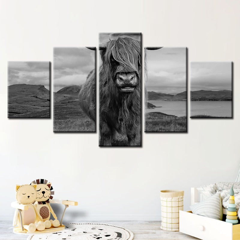5-teiliges schwarz-weißes Kuh - Leinwand Wandkunst Gemälde