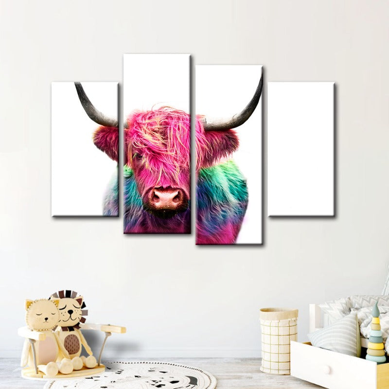 4-teiliges Farbige Pinke Kuh - Leinwand Wandkunst Gemälde