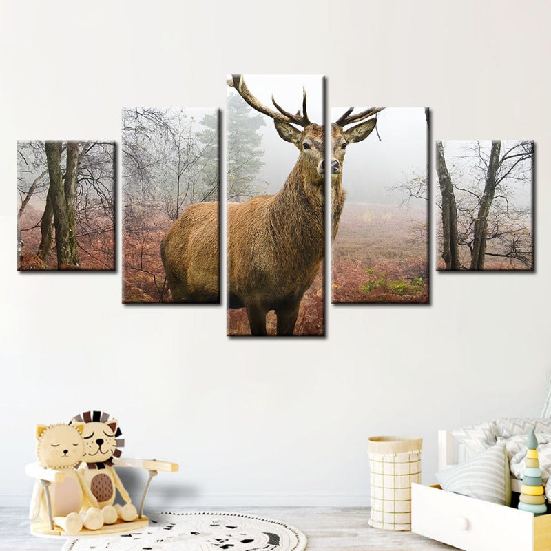 5 Stück Nebel Herbst Reh - Leinwand Wandkunst Gemälde